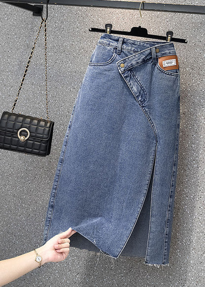 Style Denim Light Blue High Waist Side Open Button Asymmetrical Pockets Cotton a Line Skirts Summer