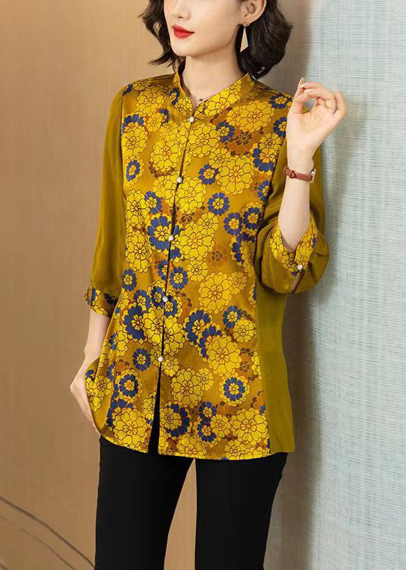 Yellow Print Button Patchwork Silk Shirt Bracelet Sleeve