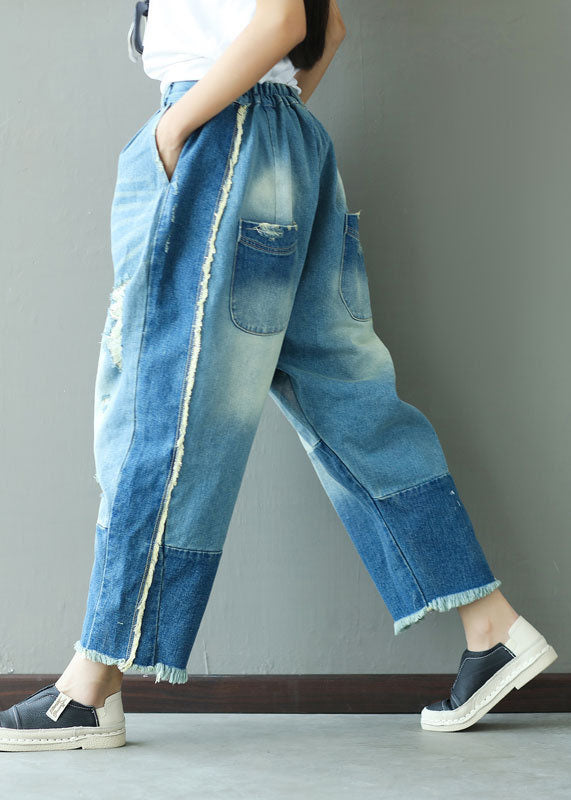 Denim Blue Elastic Waist Oversized Patchwork Cotton Harem Pants Ripped Jeans Spring