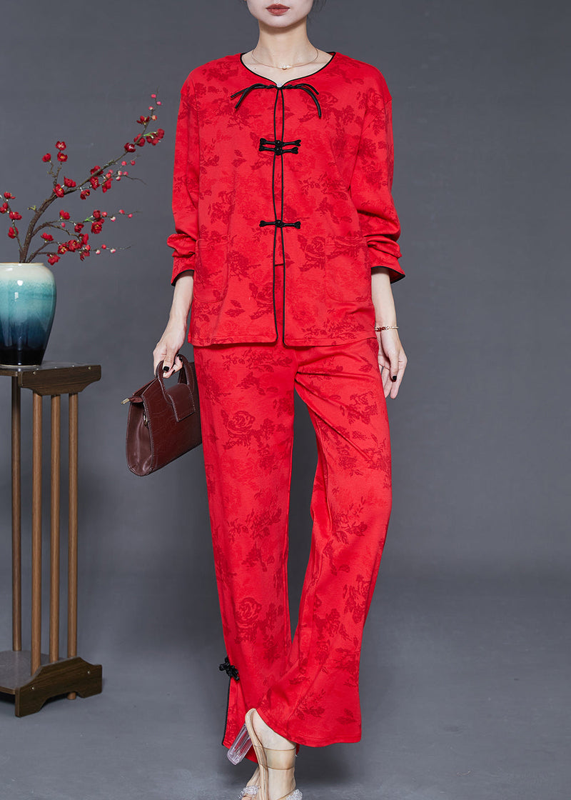 Mulberry Chinese Button Jacquard Cotton Two-piece Set Fall