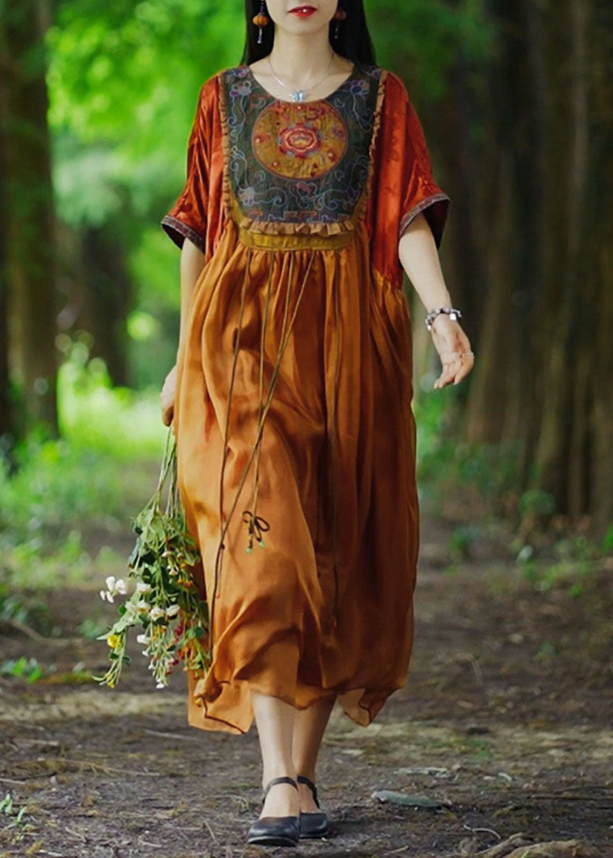 Orange Tasseled Embroideried Patchwork Silk Long Dresses Summer