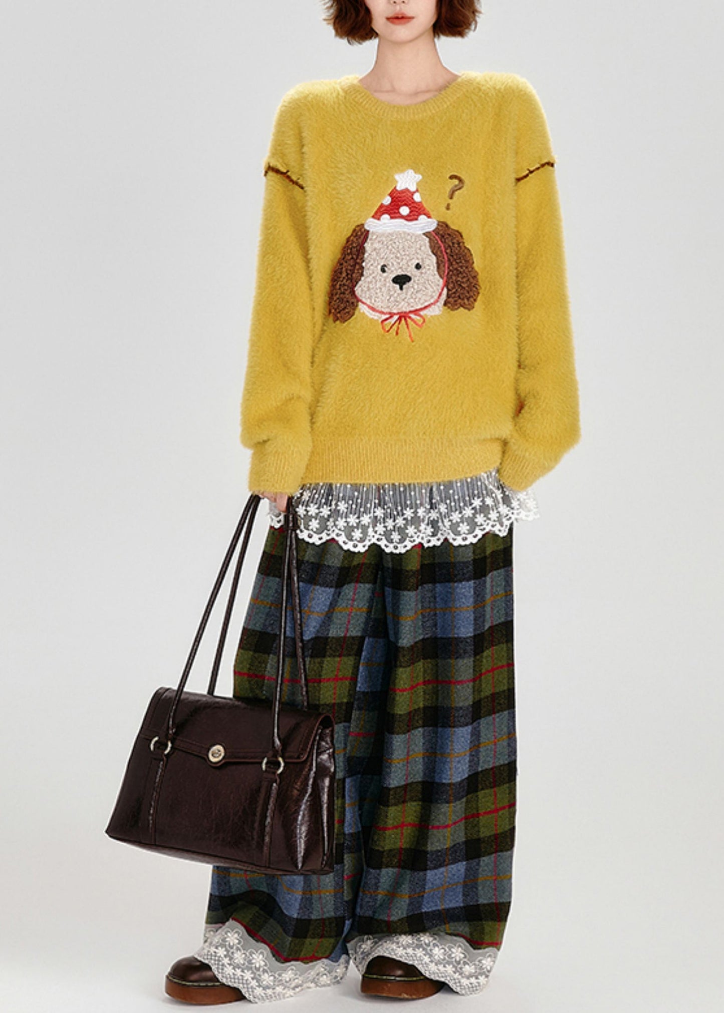 Yellow Embroidered Dog Warm Fuzzy Fur Fluffy Knit Pullover Winter