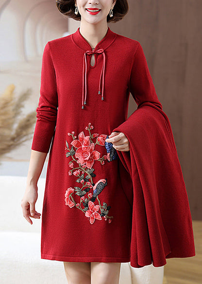 Retro Red Print Pockets Woolen Coats and Mid Dress Two Pieces Set Fall