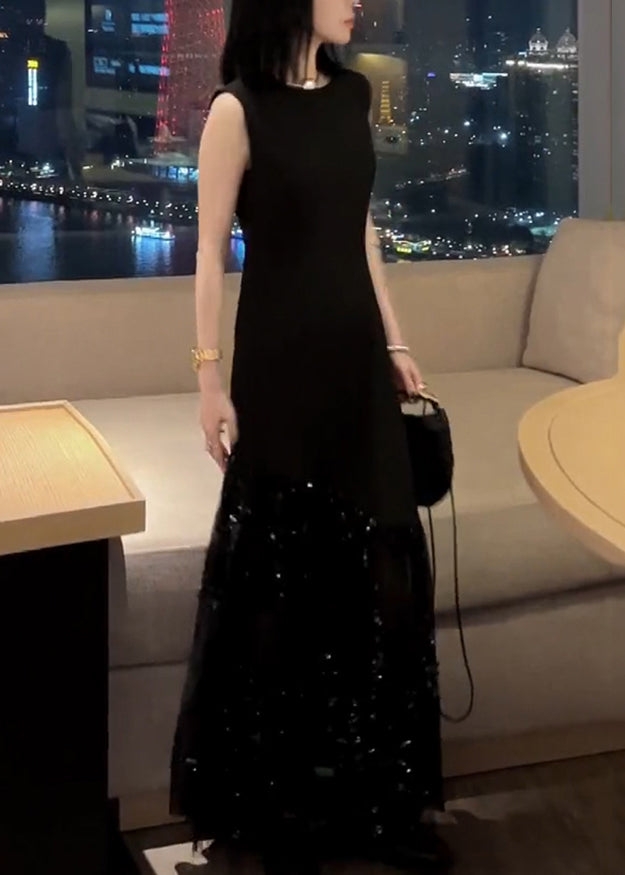 French Black O-neck Sequins Patchwork Tulle Maxi Dress Short Sleeve