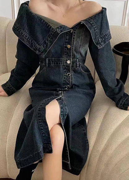 Blue Slash Neck Patchwork Side Open Denim Long Dresse Puff Sleeve Spring