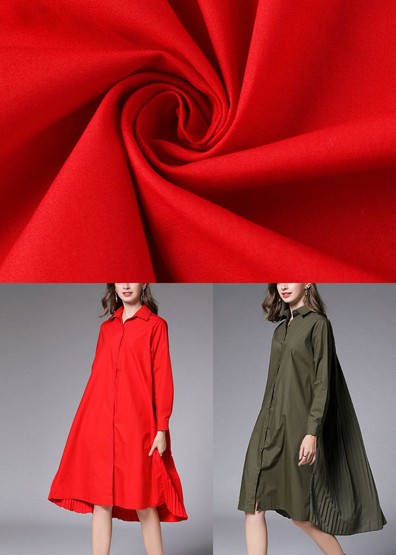Army Green Wrinkled Cotton Vacation Shirts Dresses Peter Pan Collar Spring