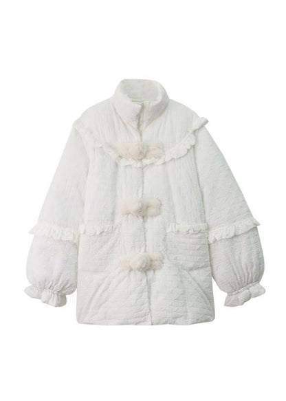 White Ruffled Pockets Patchwork Fine Cotton Filled Coats Winter