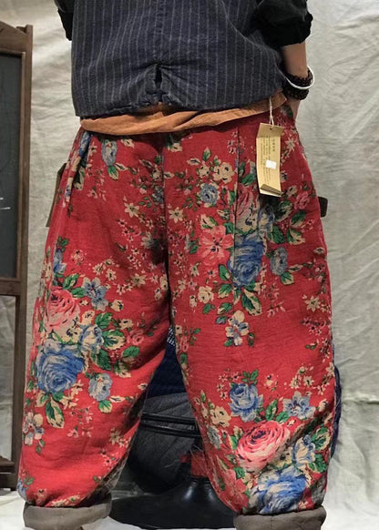 Modern Red Oriental Print Thick Harem Spring Pants