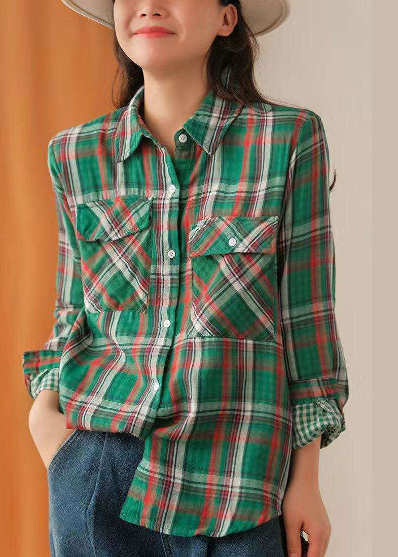 Green Button Peter Pan Collar Plaid Cotton Shirt Tops Spring