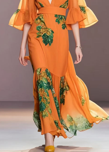 Boutique Orange Print Chiffon Robe Dresses Flare Sleeve Summer