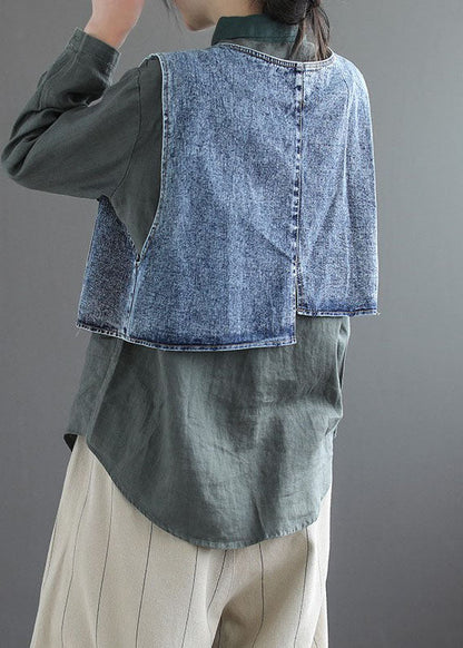 Natural Blue Pockets Tie Waist Asymmetrical Denim Vest Spring