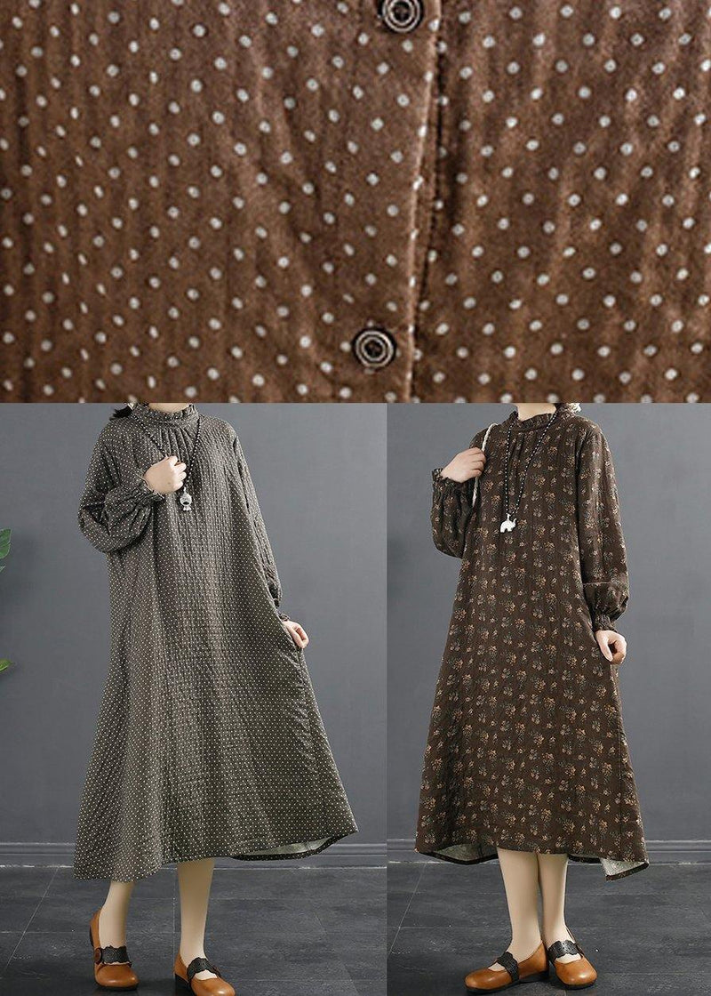 Stand Collar Tunic Dress Work Outfits Chocolate Dotted Maxi Dress