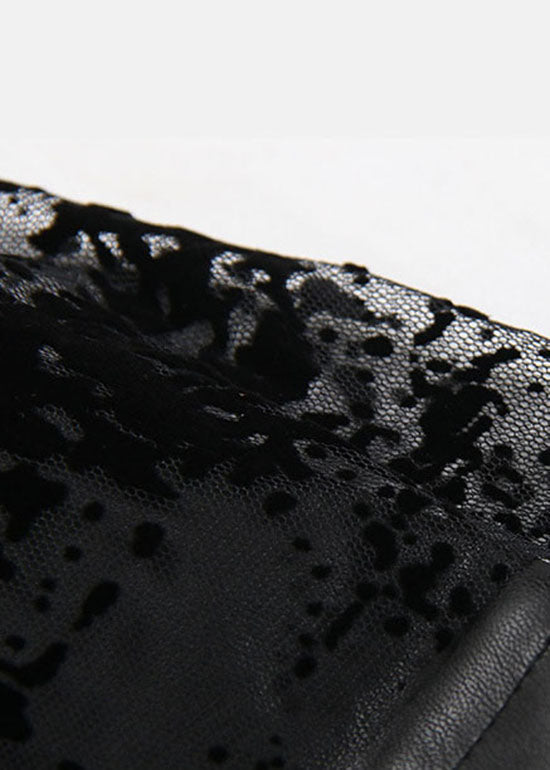Black Elastic Waist Lace Patchwork Faux Leather Skirt Spring