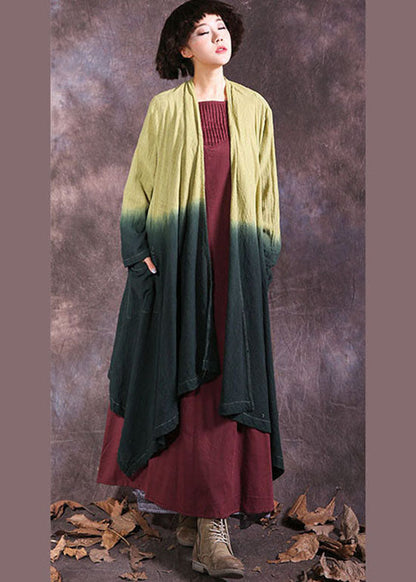 Yellow Green Pockets Gradient Color Cotton Cardigan Spring