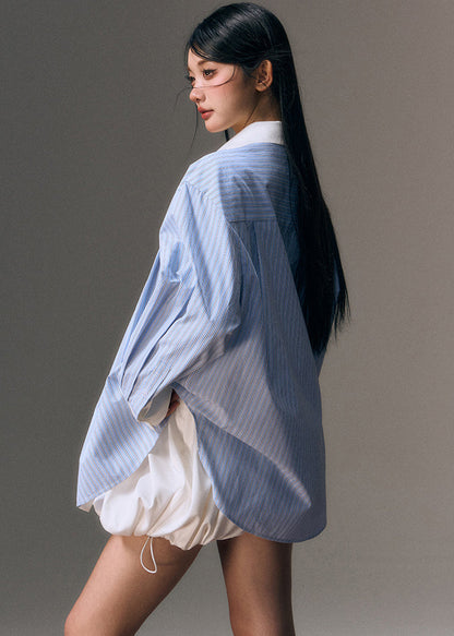 Blue Peter Pan Collar Striped Shirt and Skirts Two Pieces Set Fall