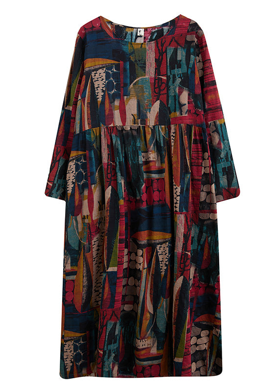 O-neck Patchwork Print Cotton Cozy Maxi Dress Long Sleeve