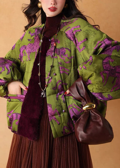 Green Print Patchwork Mink Velvet Duck Down Puffers Jackets Winter