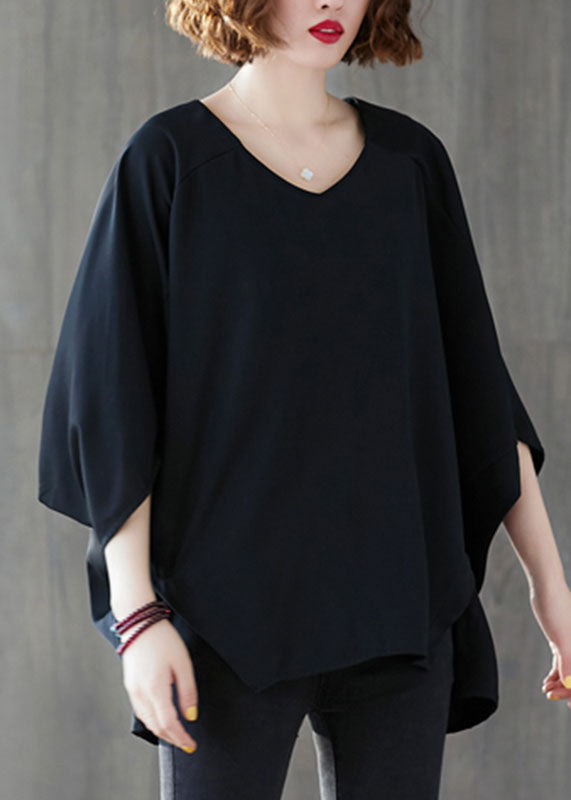 Black Oversized Asymmetrical Side Open Cotton Tops Batwing Sleeve