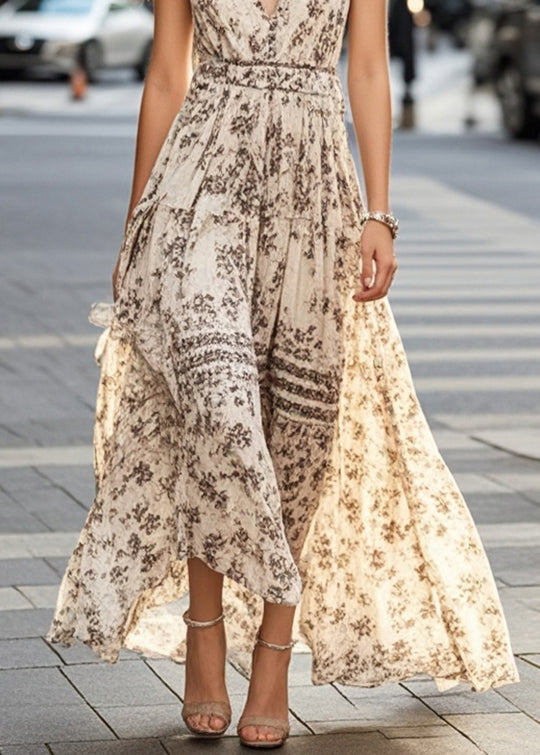Apricot Print Exra Large Hem Cotton Long Dress Summer