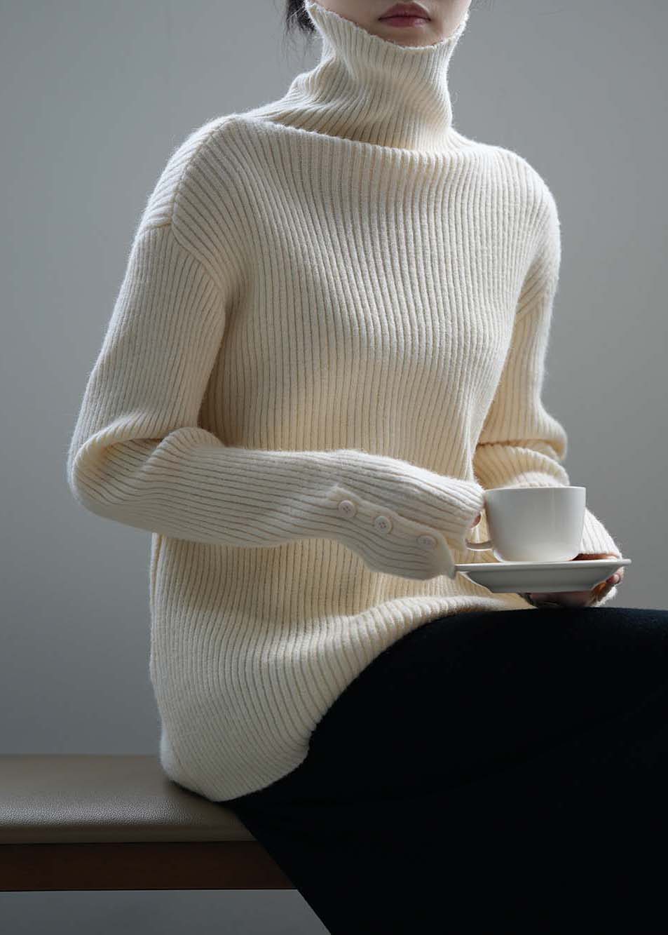 Boutique Camel Hign Neck Button Thick Knit Sweaters Fall