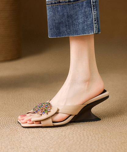 Black Wedge Sheepskin Zircon Splicing Slide Sandals