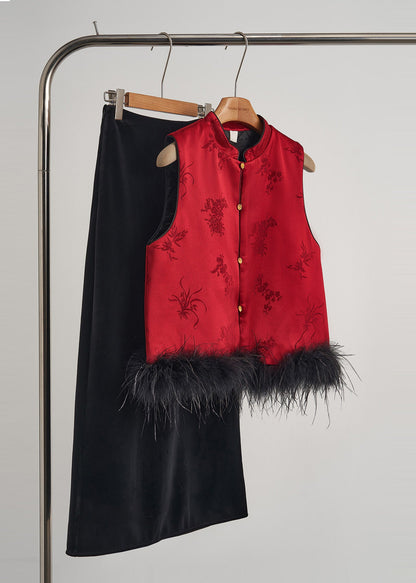 Red Jacquard Patchwork Feather Silk Vests Fall