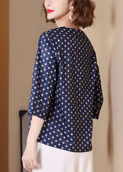 Stylish Navy Dotted Print Wear on Both Sides Silk Top Bracelet Sleeve