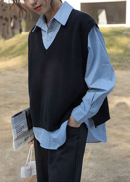 Loose Black Waistcoat and Blue Blouses Patchwork Two Pieces Set Fall