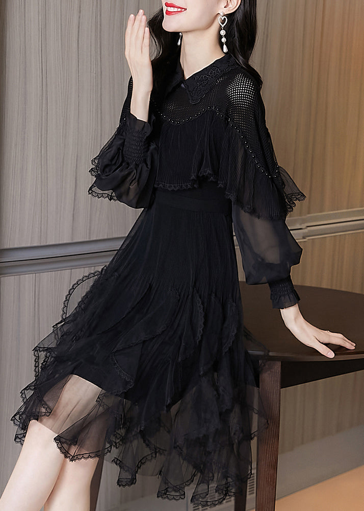 French Black Ruffled Asymmetrical Patchwork Tulle Dress Spring