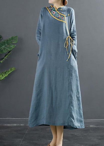 Blue Embroidery Tunic Stand Collar a Line Dress
