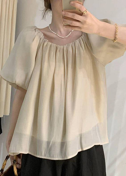 French Black Wrinkled Puff Sleeve Chiffon Tops