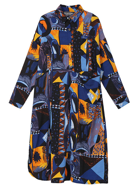 Italian Blue Button Tie Waist Peter Pan Collar Print Shirt Dresses Spring