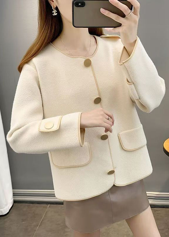 Beige O Neck Pockets Woolen Short Coat Fall