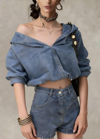 Denim Blue Hooded Coat and Shorts Two Pieces Set Spring