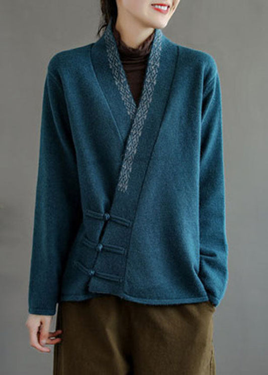Blue Button V Neck Embroideried Woolen Coats Long Sleeve