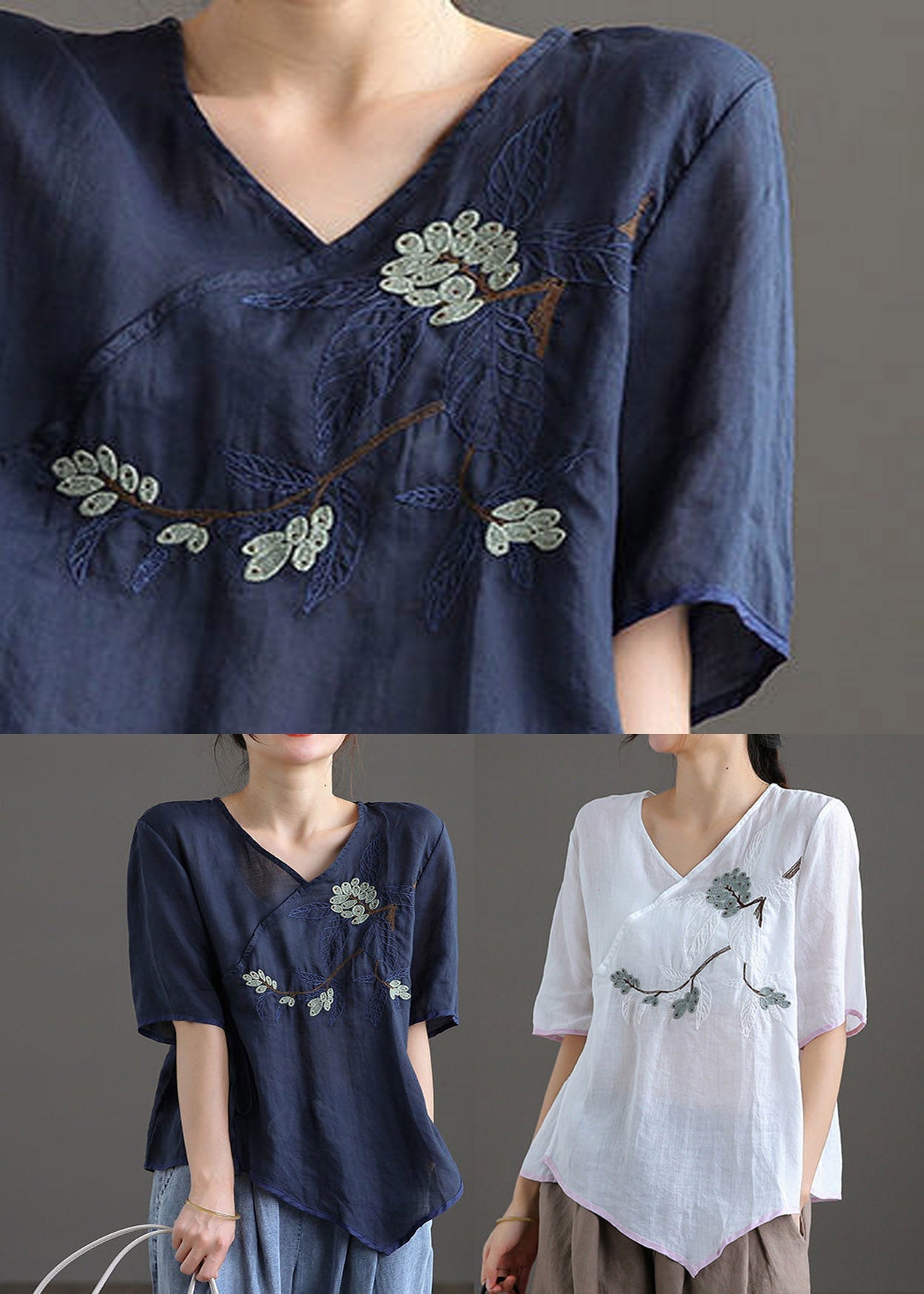 Navy V Neck Asymmetrical Design Linen Top Short Sleeve