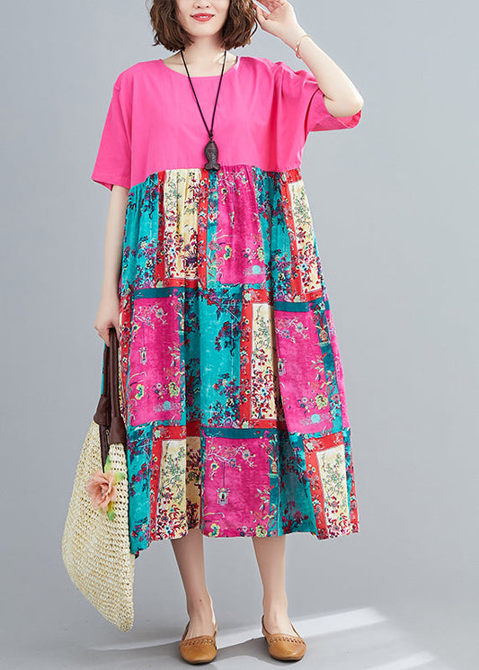 Italian Rose O-neck Patchwork Pocket Vacation Dress Short Sleeve