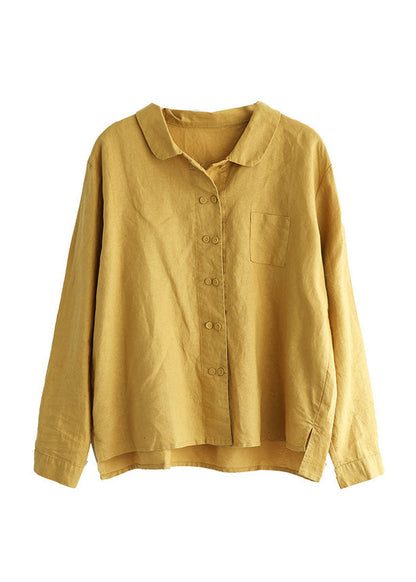 Yellow Peter Pan Collar Button Patchwork Linen Shirts Tops Spring