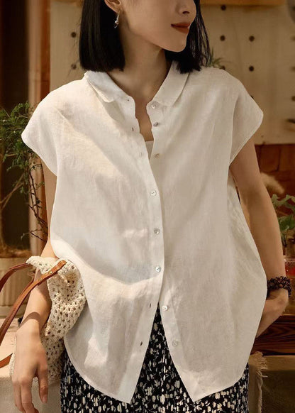 Loose White Peter Pan Collar Button Linen Shirt Summer