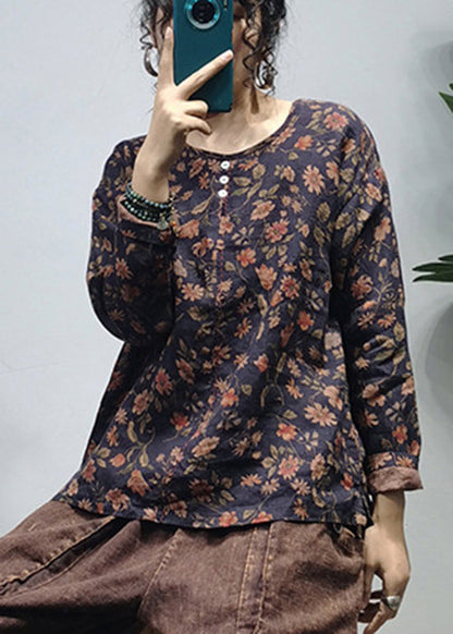Retro Black O-neck Print Linen Shirt Tops Long Sleeve