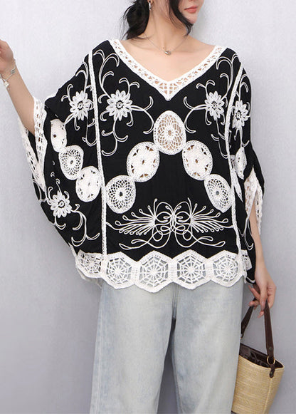 Black Print Hollow Out Tanks Batwing Sleeve