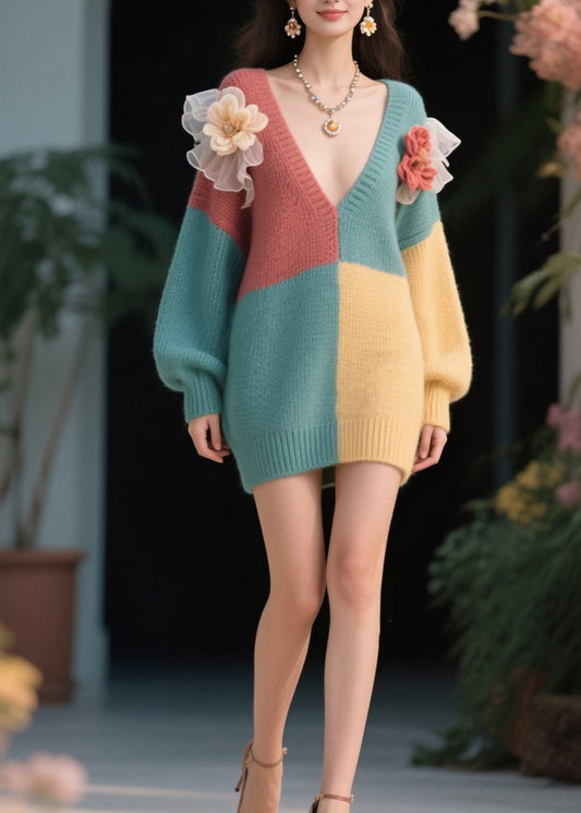 Stylish Colorblock V Neck Knit Sweater Dress Fall