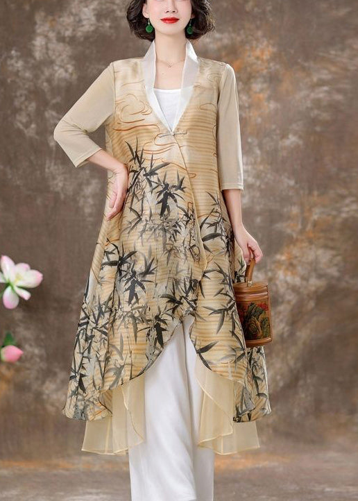 Apricot Asymmetrical Print Chinese Button Silk Cardigan Fall