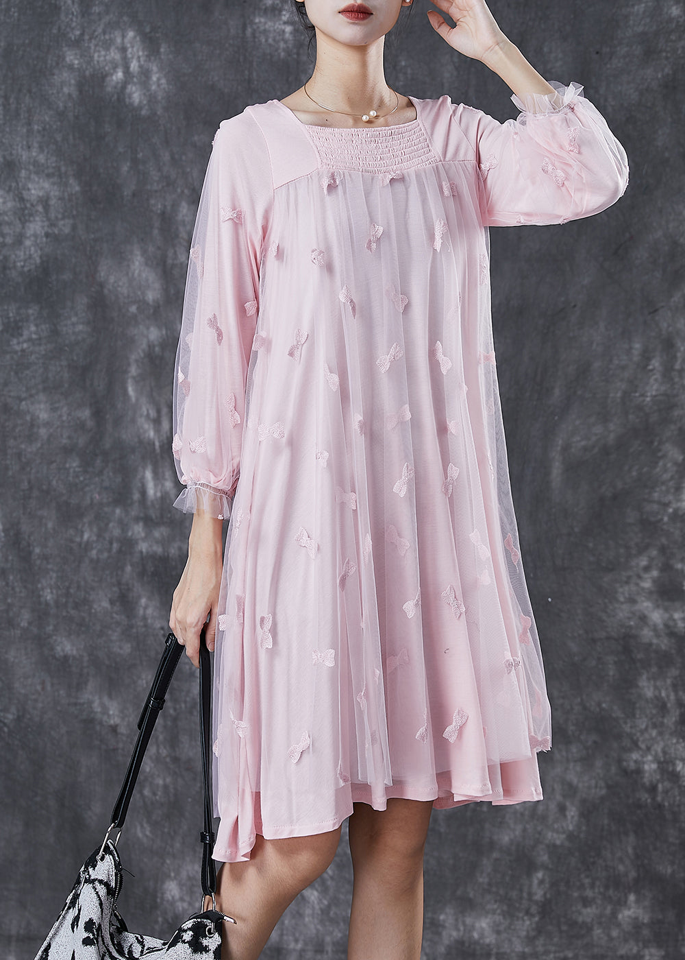 Pink Bow Square Collar Tulle Maxi Dresses Spring