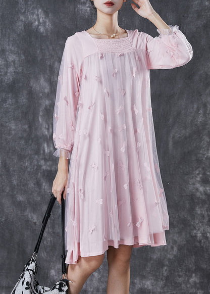 Pink Bow Square Collar Tulle Maxi Dresses Spring