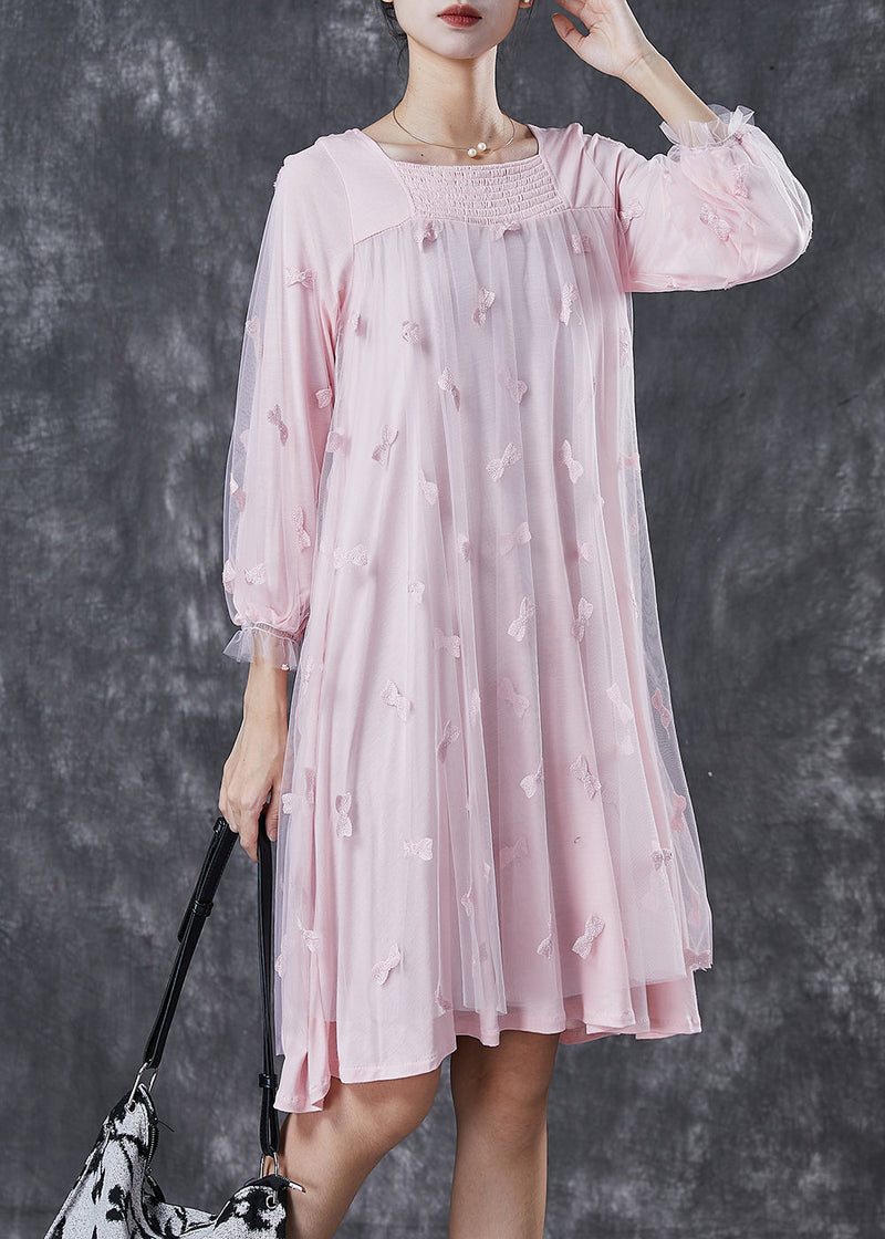 Pink Bow Square Collar Tulle Maxi Dresses Spring