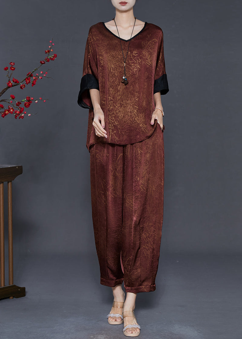 Brown Oversized Print Silk Two Pieces Set Summer