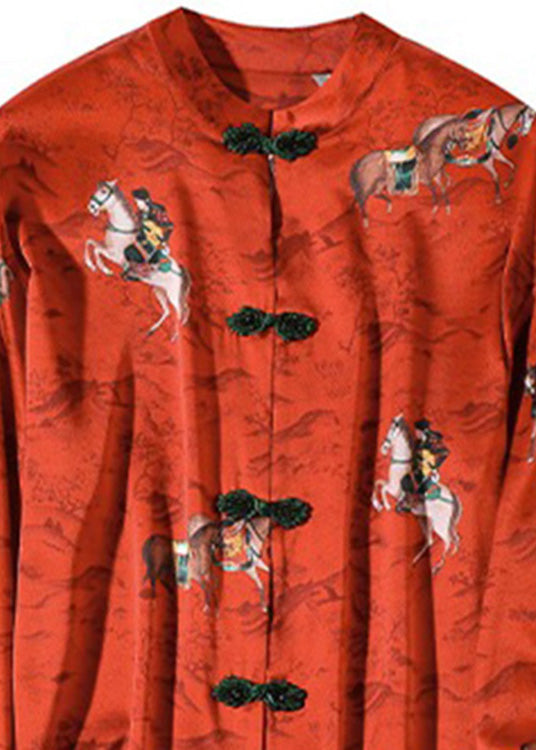 Red Stand Collar Print Button Silk Shirt Long Sleeve