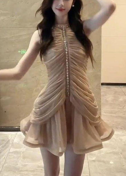 Art Naked Color Zippered Zircon Wrinkled Chiffon Dress Sleeveless