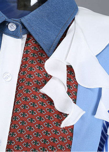 Unique Blue Asymmetrical Design Peter Pan Collar Patchwork Shirts Spring
